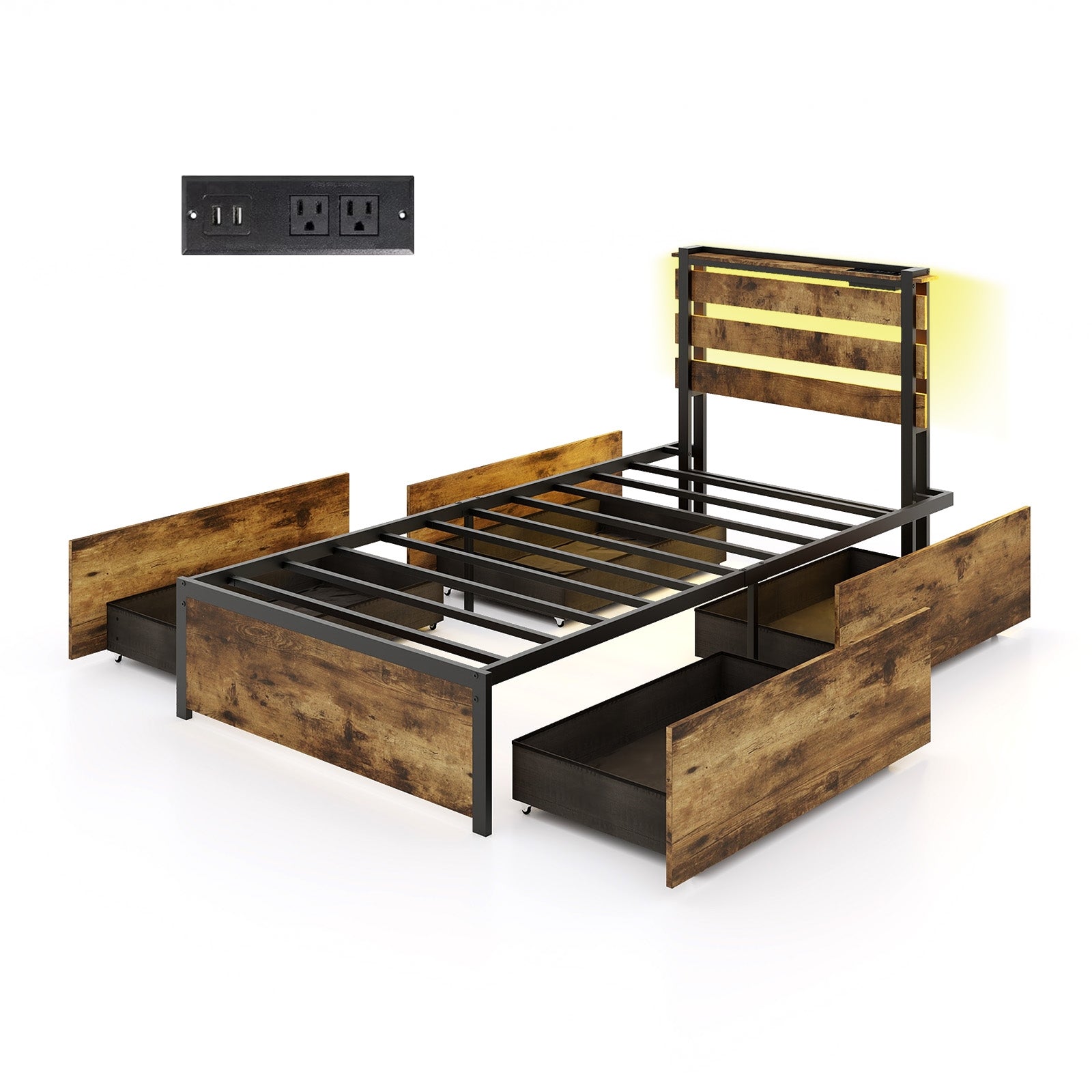Twin Size Bed Frame With Drawers, LED Lights, USB Ports, Rustic Brown Simple Bed Frame Rustic Brown at Gallery Canada