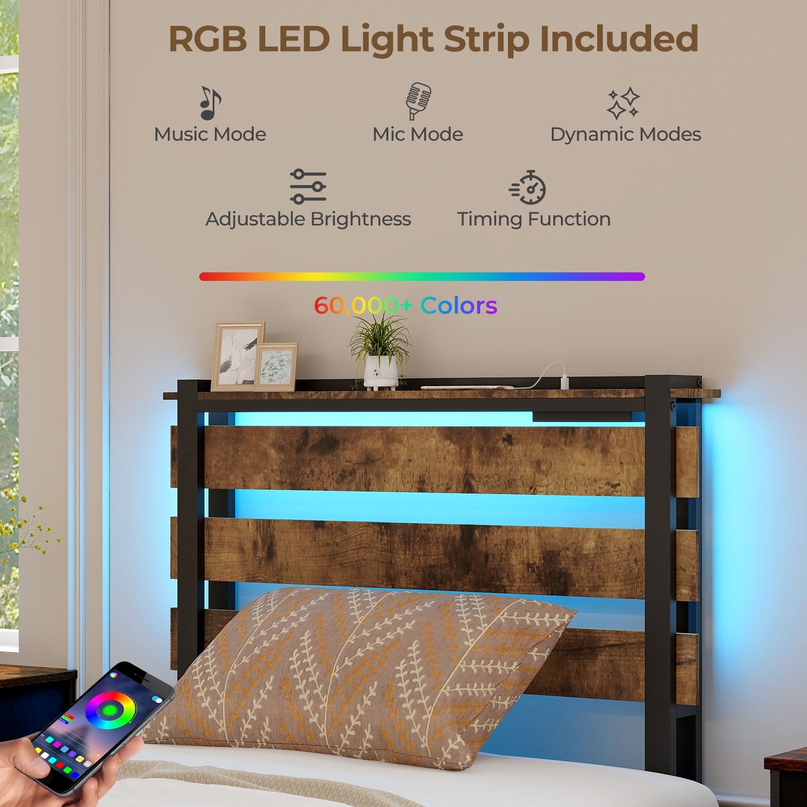 Twin Size Bed Frame With Drawers, LED Lights, USB Ports, Rustic Brown Simple Bed Frame at Gallery Canada