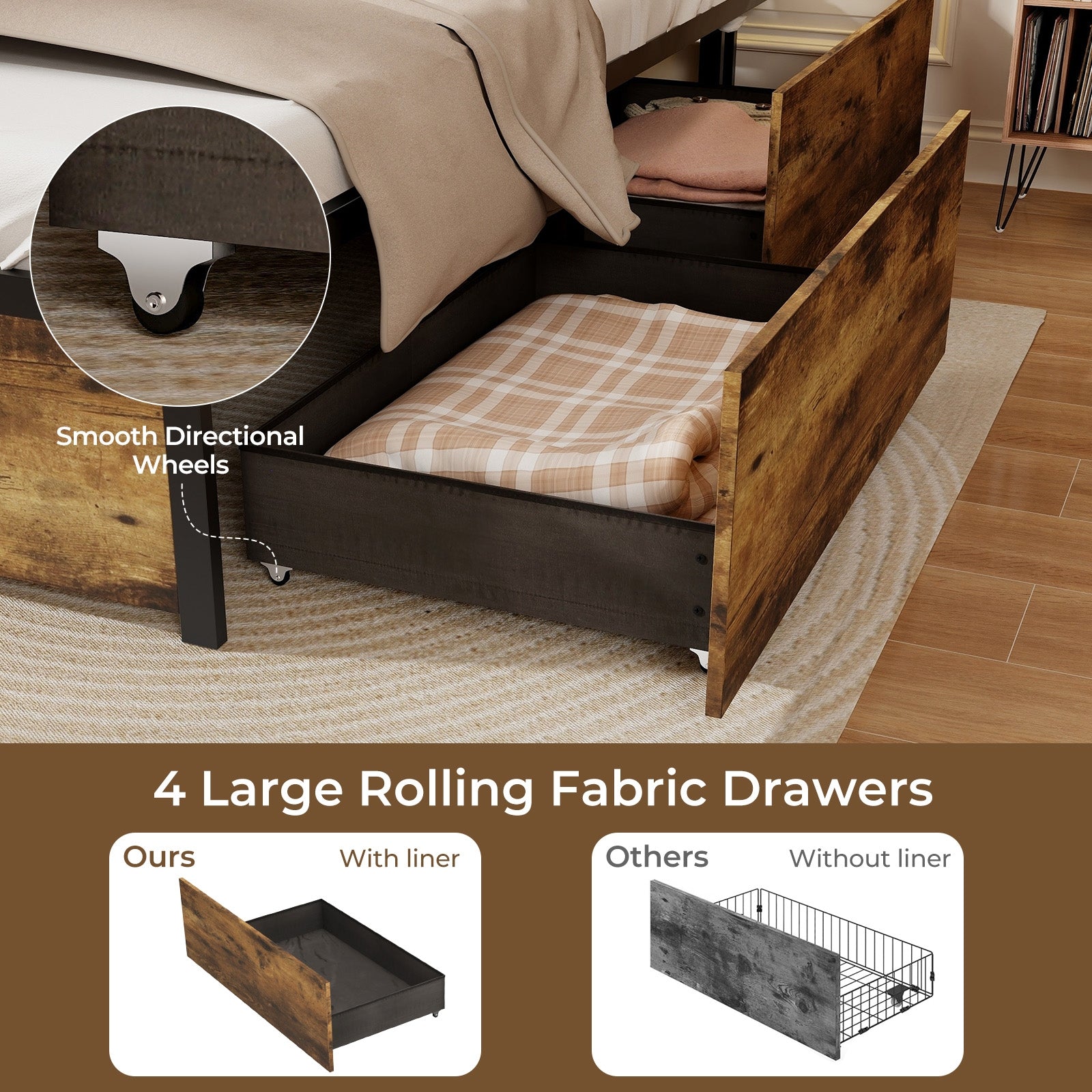 Twin Size Bed Frame With Drawers, LED Lights, USB Ports, Rustic Brown Simple Bed Frame at Gallery Canada
