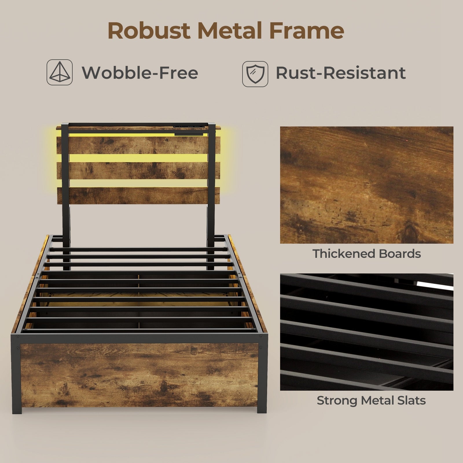Twin Size Bed Frame With Drawers, LED Lights, USB Ports, Rustic Brown Simple Bed Frame at Gallery Canada