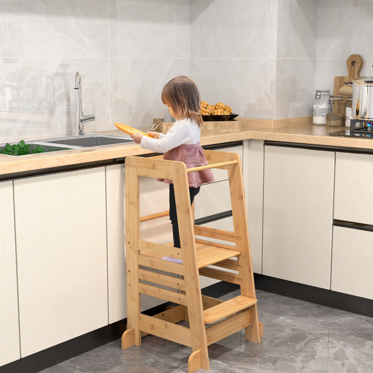 Bamboo Kids Kitchen Step Stool, Adjustable Height, Safety Rails, Natural Toddler & Kids Furniture at Gallery Canada
