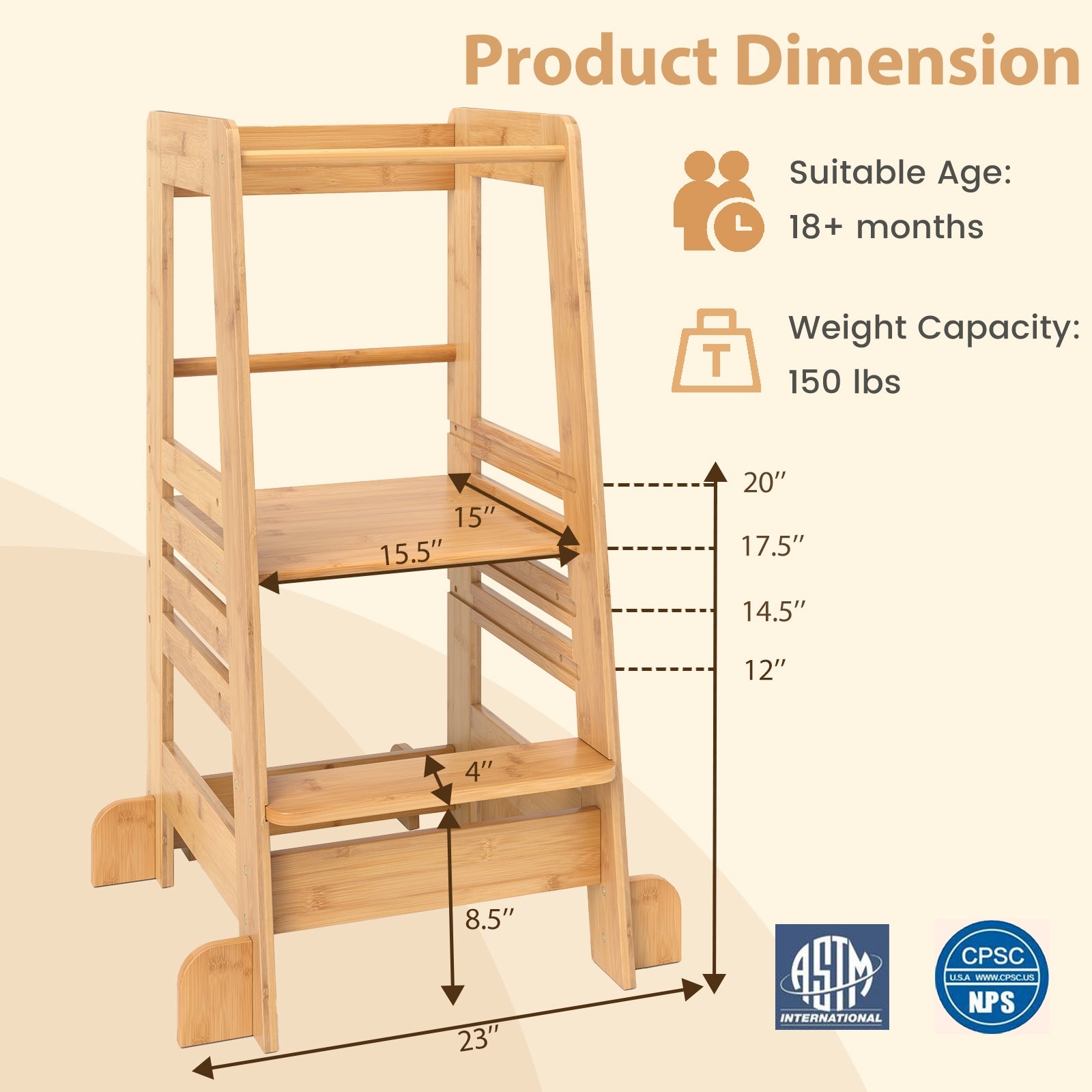 Bamboo Kids Kitchen Step Stool, Adjustable Height, Safety Rails, Natural Toddler & Kids Furniture at Gallery Canada