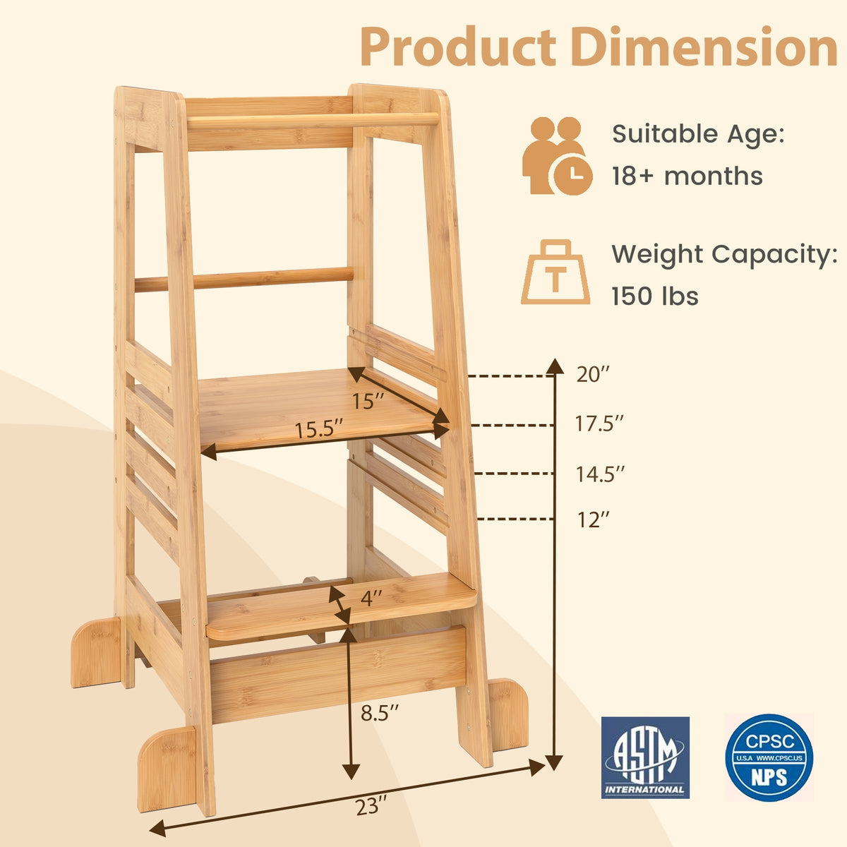 Bamboo Kids Kitchen Step Stool, Adjustable Height, Safety Rails, Natural Toddler & Kids Furniture at Gallery Canada