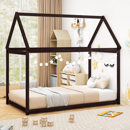 Stable Kids Platform Floor Bed With Roof, Heavy Duty Slats, Espresso Simple Bed Frame at Gallery Canada