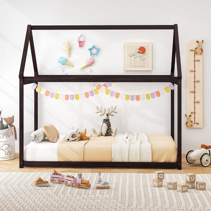 Stable Kids Platform Floor Bed With Roof, Heavy Duty Slats, Espresso Simple Bed Frame at Gallery Canada