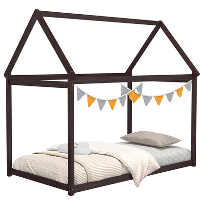 Stable Kids Platform Floor Bed With Roof, Heavy Duty Slats, Espresso Simple Bed Frame at Gallery Canada