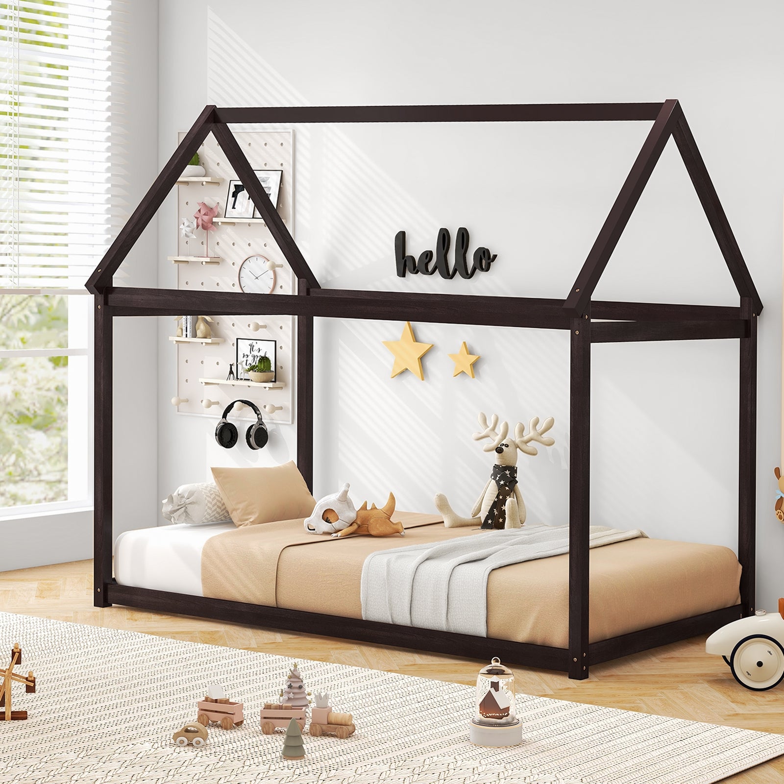Stable Kids Platform Floor Bed With Roof, Heavy Duty Slats, Espresso Simple Bed Frame at Gallery Canada