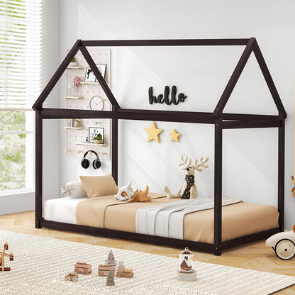 Stable Kids Platform Floor Bed With Roof, Heavy Duty Slats, Espresso Simple Bed Frame at Gallery Canada