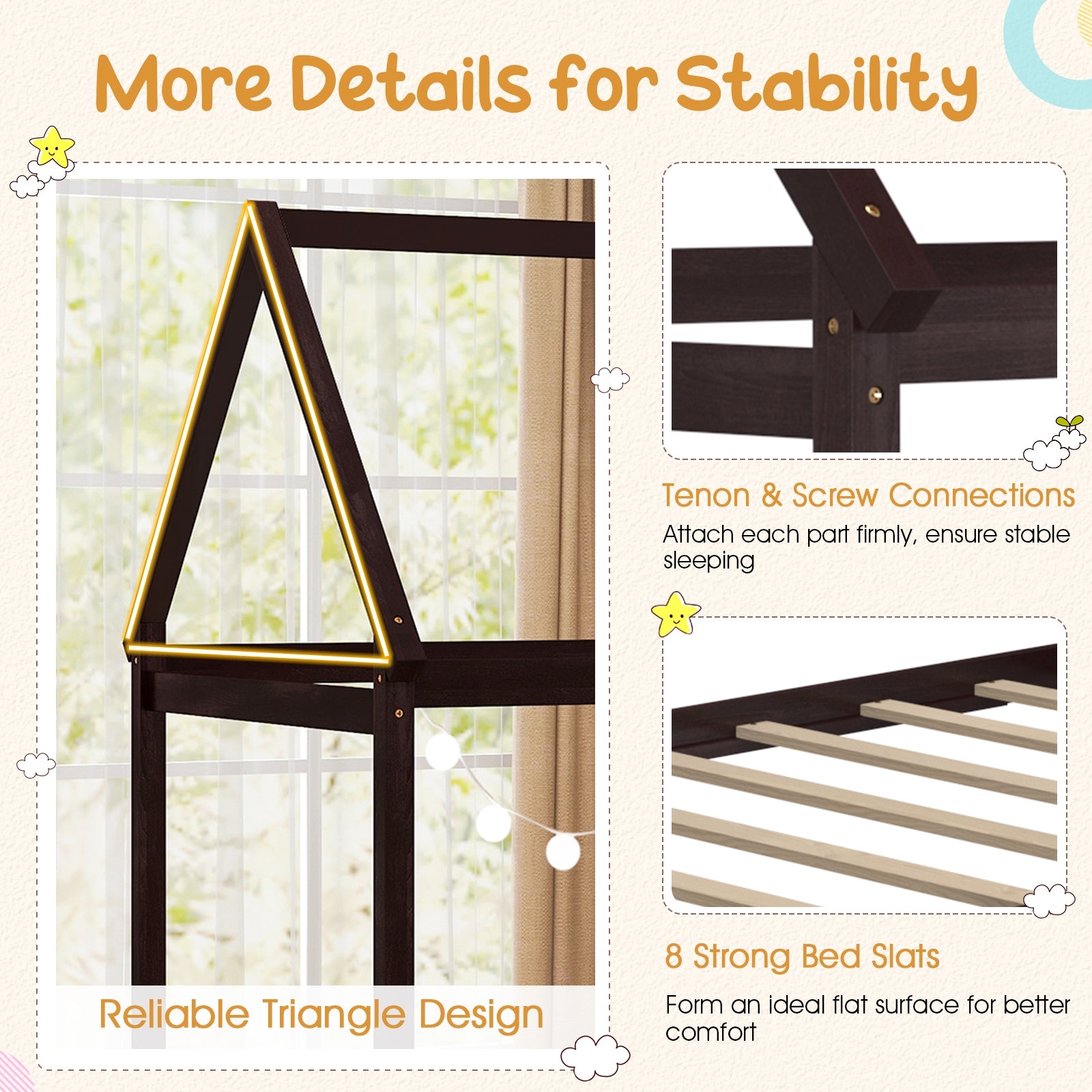 Stable Kids Platform Floor Bed With Roof, Heavy Duty Slats, Espresso Simple Bed Frame at Gallery Canada