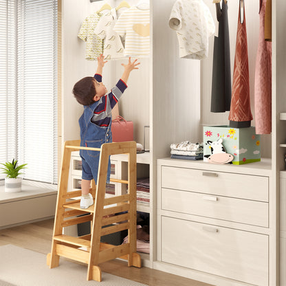 Bamboo Kids Kitchen Step Stool, Adjustable Height, Safety Rails, Natural Toddler & Kids Furniture at Gallery Canada