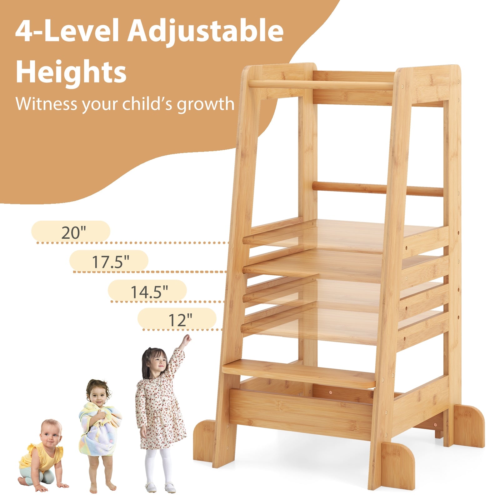 Bamboo Kids Kitchen Step Stool, Adjustable Height, Safety Rails, Natural Toddler & Kids Furniture at Gallery Canada