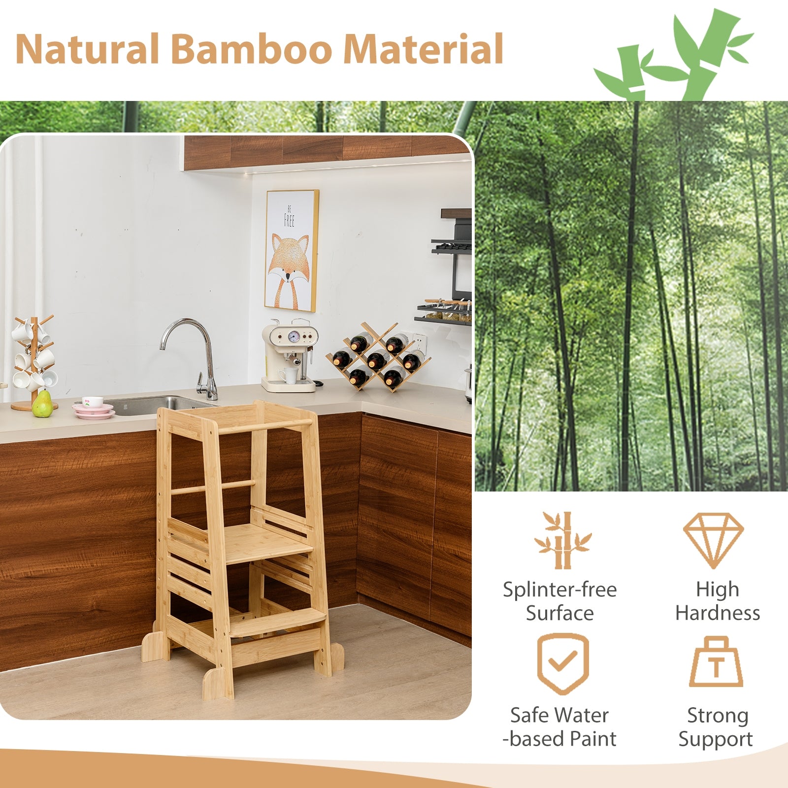 Bamboo Kids Kitchen Step Stool, Adjustable Height, Safety Rails, Natural Toddler & Kids Furniture at Gallery Canada