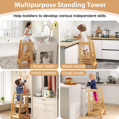 Bamboo Kids Kitchen Step Stool, Adjustable Height, Safety Rails, Natural Toddler & Kids Furniture at Gallery Canada