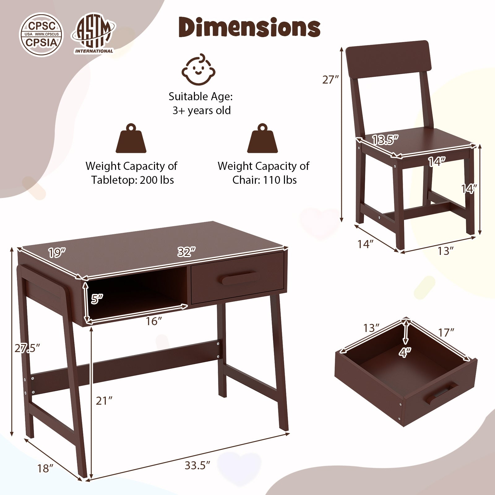 Kids Desk Chair Set With Storage Drawer Hutch, Brown Kids Table & Chair Sets at Gallery Canada