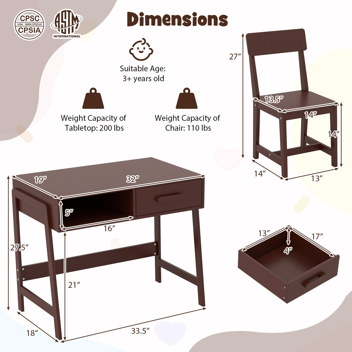 Kids Desk Chair Set With Storage Drawer Hutch, Brown Kids Table & Chair Sets at Gallery Canada