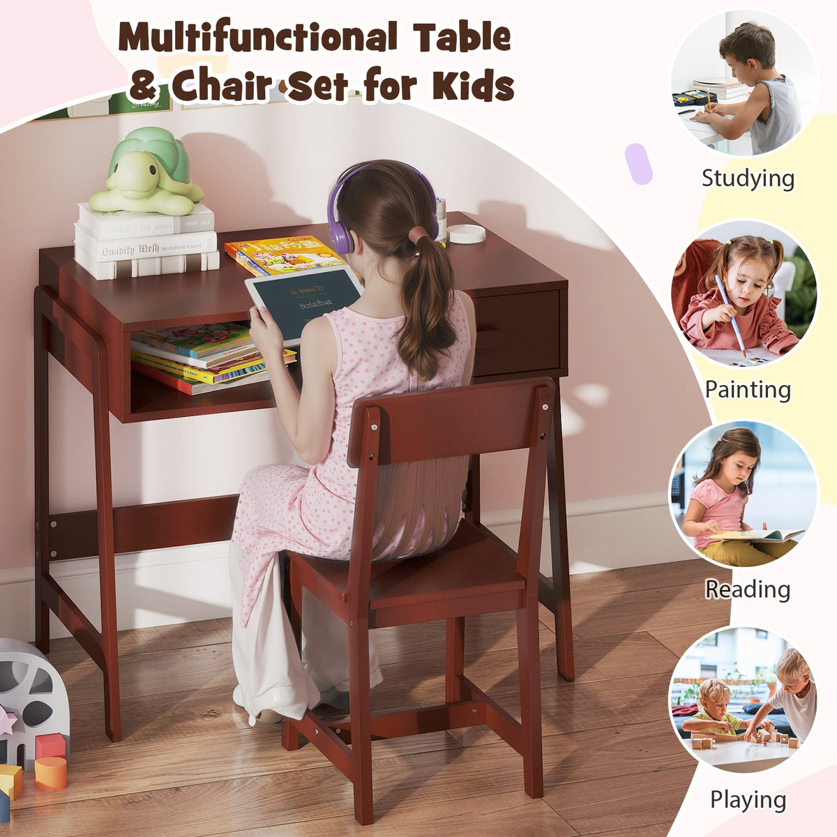 Kids Desk Chair Set With Storage Drawer Hutch, Brown Kids Table & Chair Sets at Gallery Canada