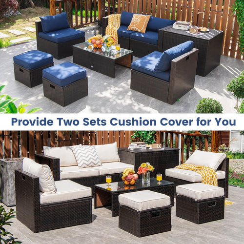 8-Piece Outdoor Wicker Furniture Set, White, With Storage Box, Navy