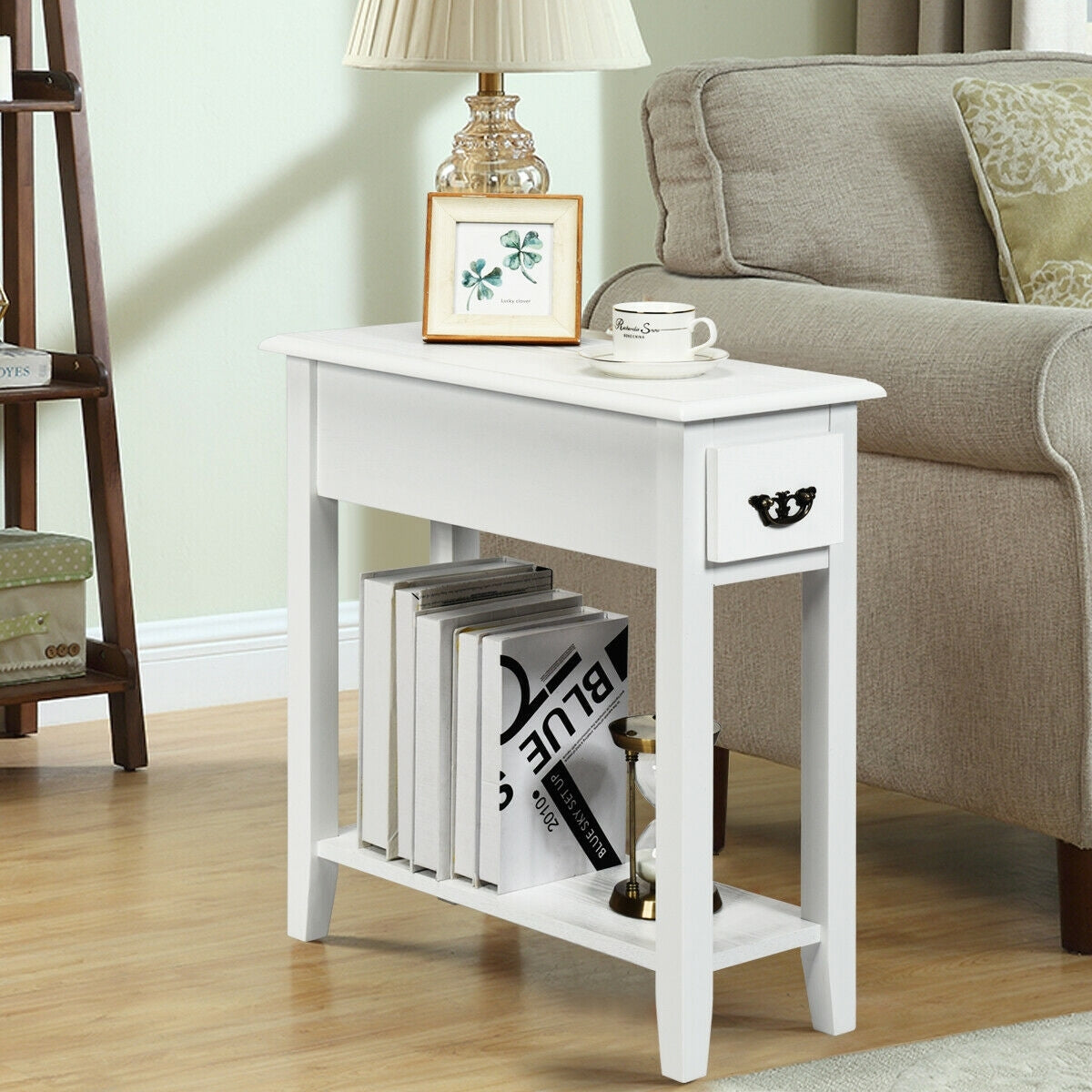 2 Tier Sofa Side End Table With Drawer, Open Shelf, White End & Side Tables at Gallery Canada