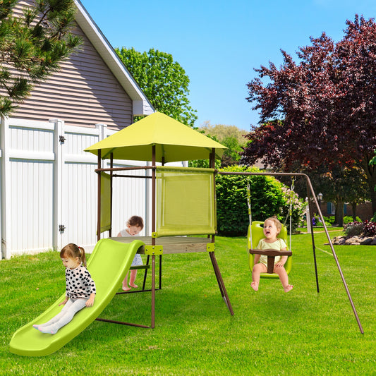 4-in-1 Swing Set With Covered Playhouse Fort, Height Adjustable Baby Seat, Green Swing & Playsets Green at Gallery Canada