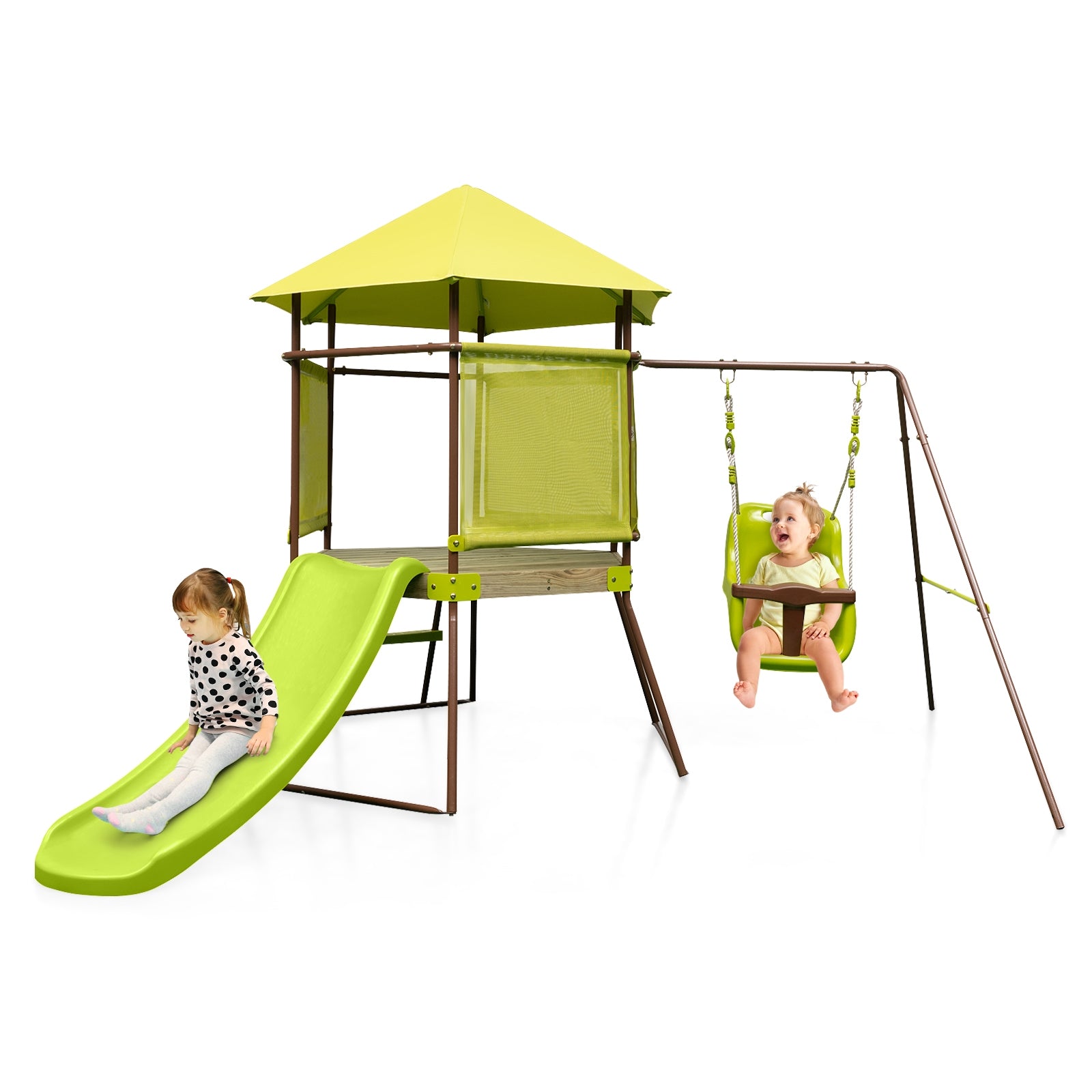 4-in-1 Swing Set With Covered Playhouse Fort, Height Adjustable Baby Seat, Green Swing & Playsets at Gallery Canada