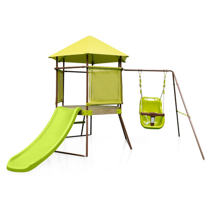 4-in-1 Swing Set With Covered Playhouse Fort, Height Adjustable Baby Seat, Green Swing & Playsets at Gallery Canada