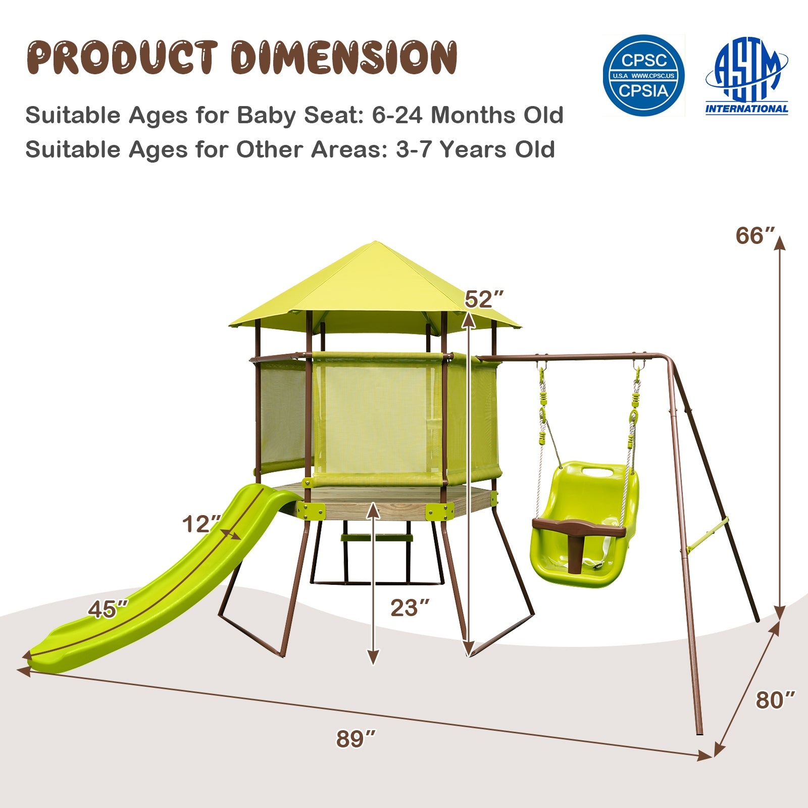 4-in-1 Swing Set With Covered Playhouse Fort, Height Adjustable Baby Seat, Green Swing & Playsets at Gallery Canada