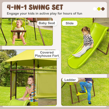 4-in-1 Swing Set With Covered Playhouse Fort, Height Adjustable Baby Seat, Green Swing & Playsets at Gallery Canada