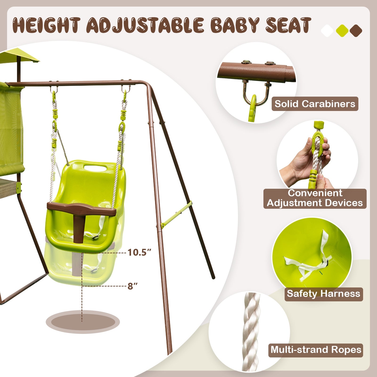 4-in-1 Swing Set With Covered Playhouse Fort, Height Adjustable Baby Seat, Green Swing & Playsets at Gallery Canada