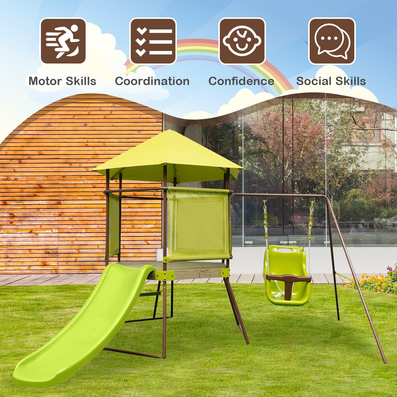 4-in-1 Swing Set With Covered Playhouse Fort, Height Adjustable Baby Seat, Green Swing & Playsets at Gallery Canada
