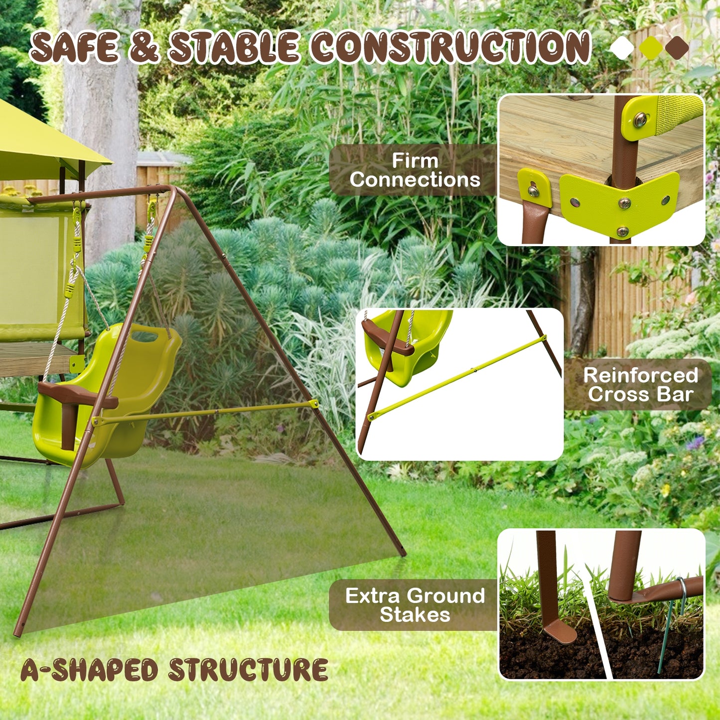4-in-1 Swing Set With Covered Playhouse Fort, Height Adjustable Baby Seat, Green Swing & Playsets at Gallery Canada