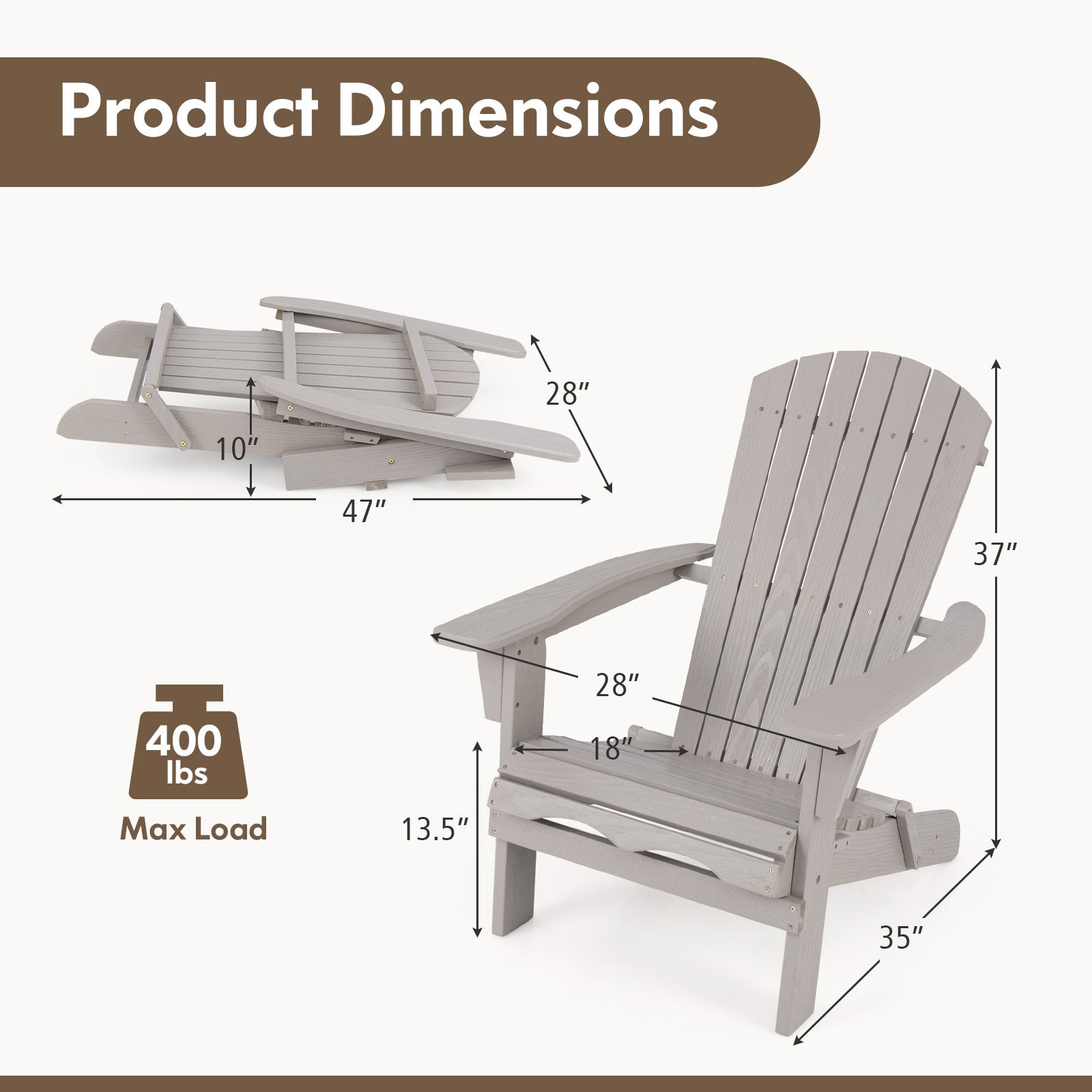 Folding Adirondack Chair, High Backrest, Wide Armrests, Gray Adirondack Chairs at Gallery Canada