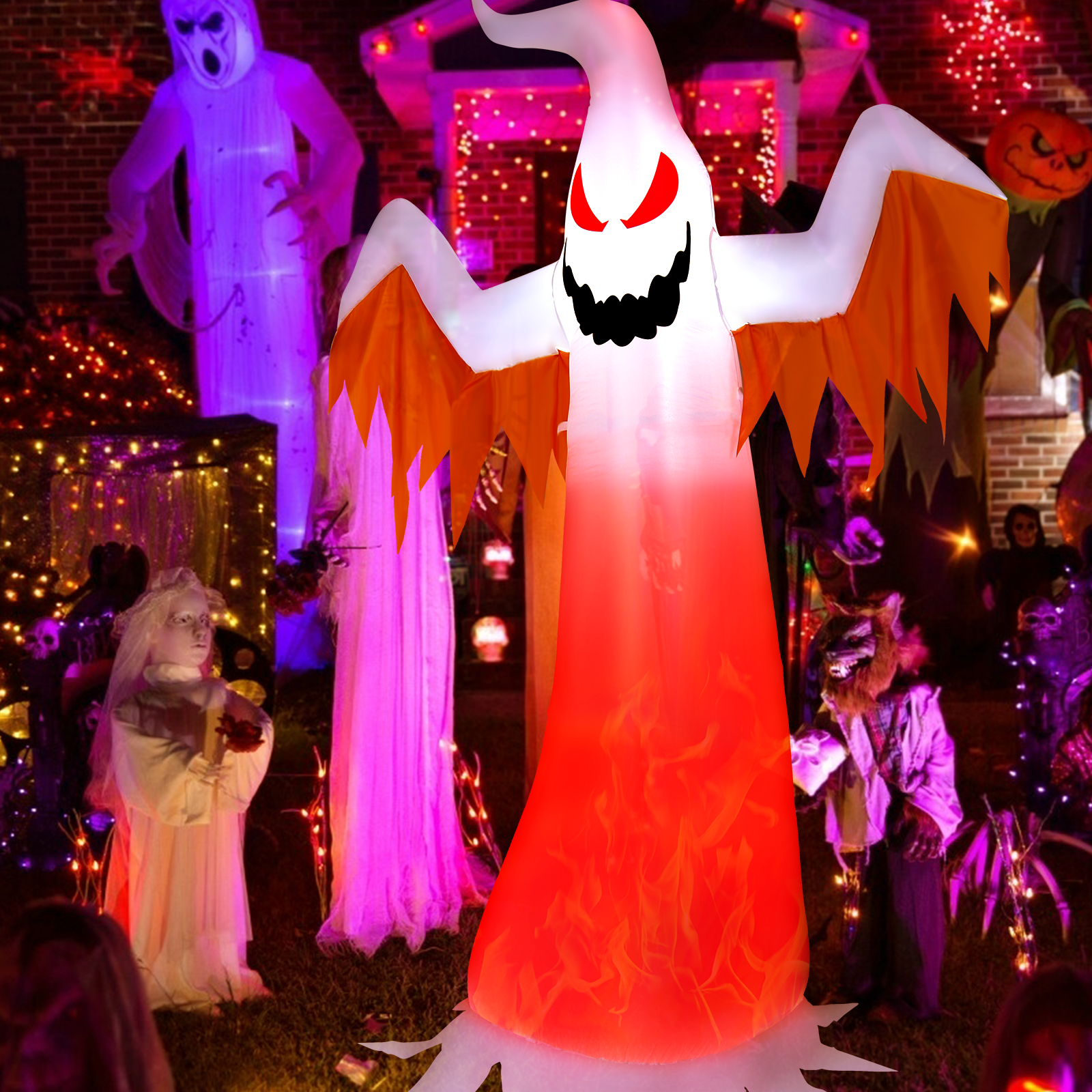 8 Feet Halloween Inflatable Ghost, Rotatable Flame LED Lights, White Halloween at Gallery Canada