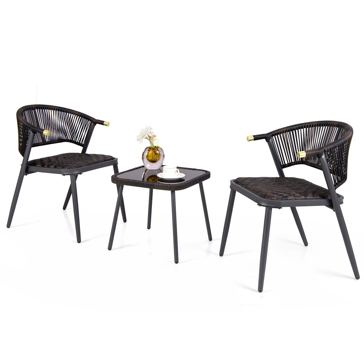 3 Piece Patio Rattan Furniture Set, Brown and Black Patio Conversation Sets Brown at Gallery Canada