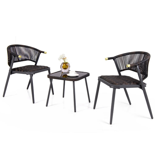 3 Piece Patio Rattan Furniture Set, Brown and Black
