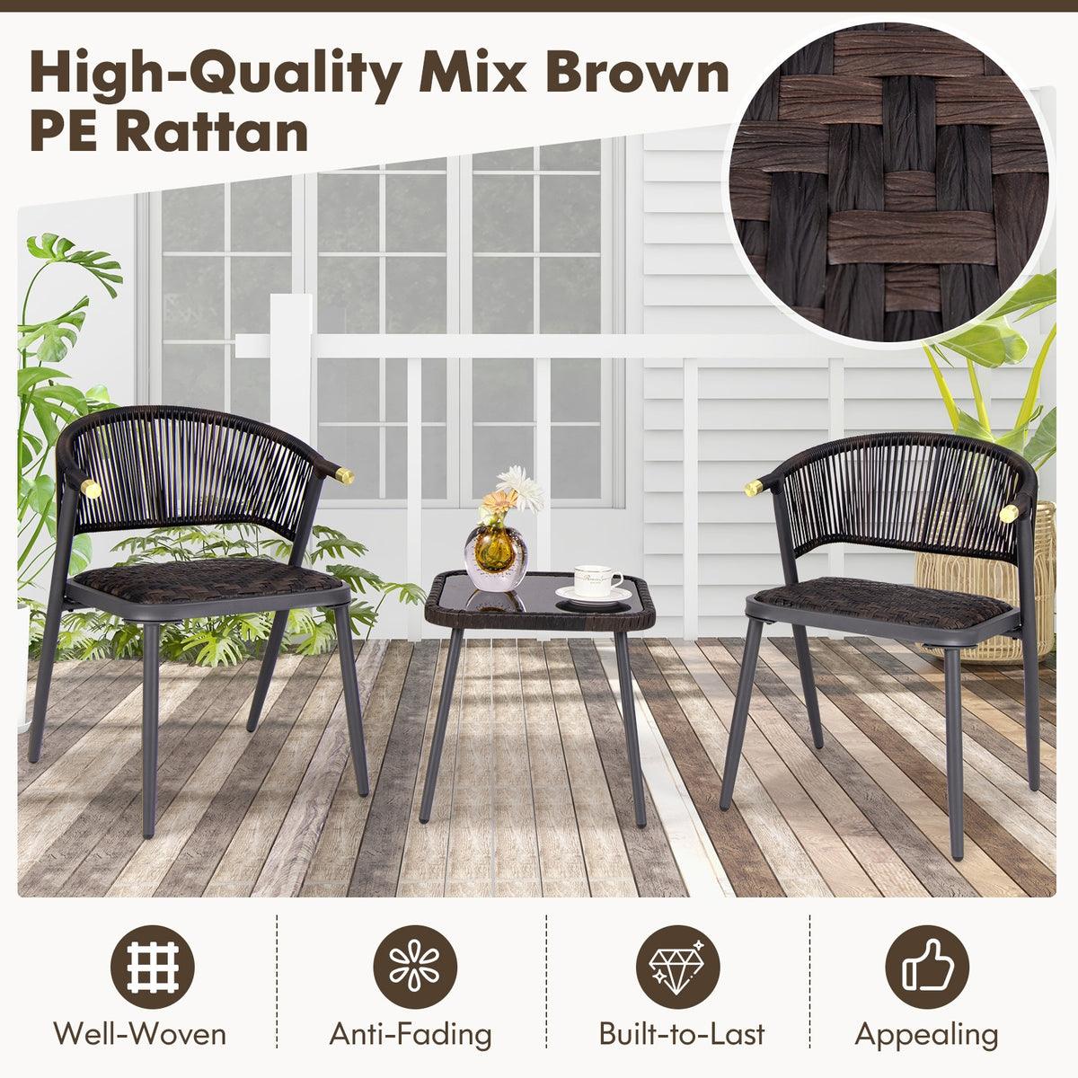 3 Piece Patio Rattan Furniture Set, Brown and Black Patio Conversation Sets at Gallery Canada