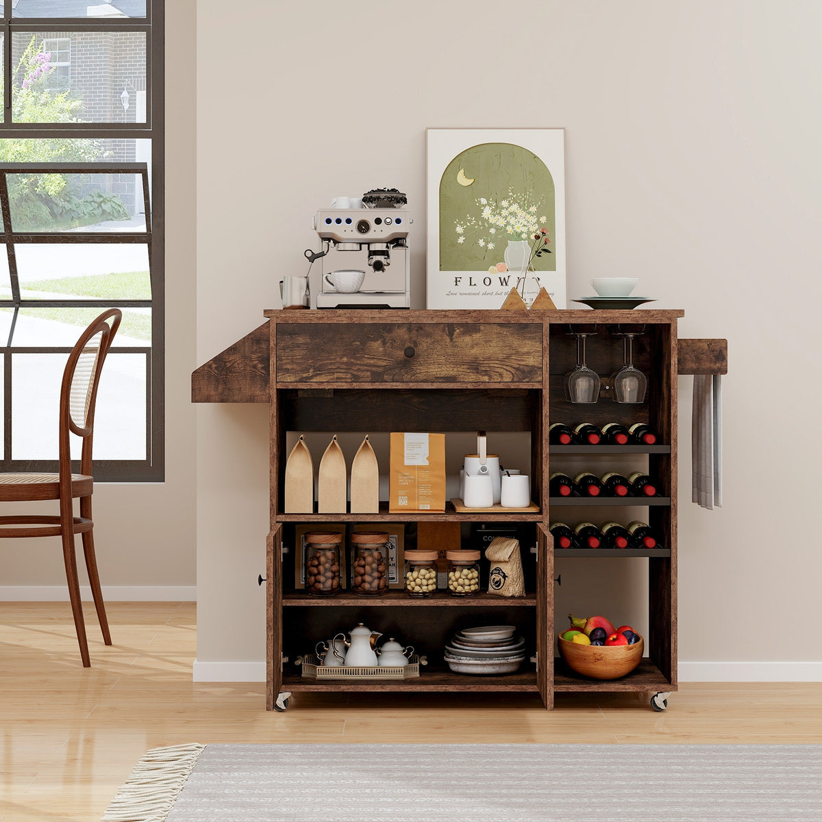 Mobile Kitchen Island Cart With Power Outlet, Adjustable Shelf, Rustic Brown Kitchen Islands & Carts at Gallery Canada