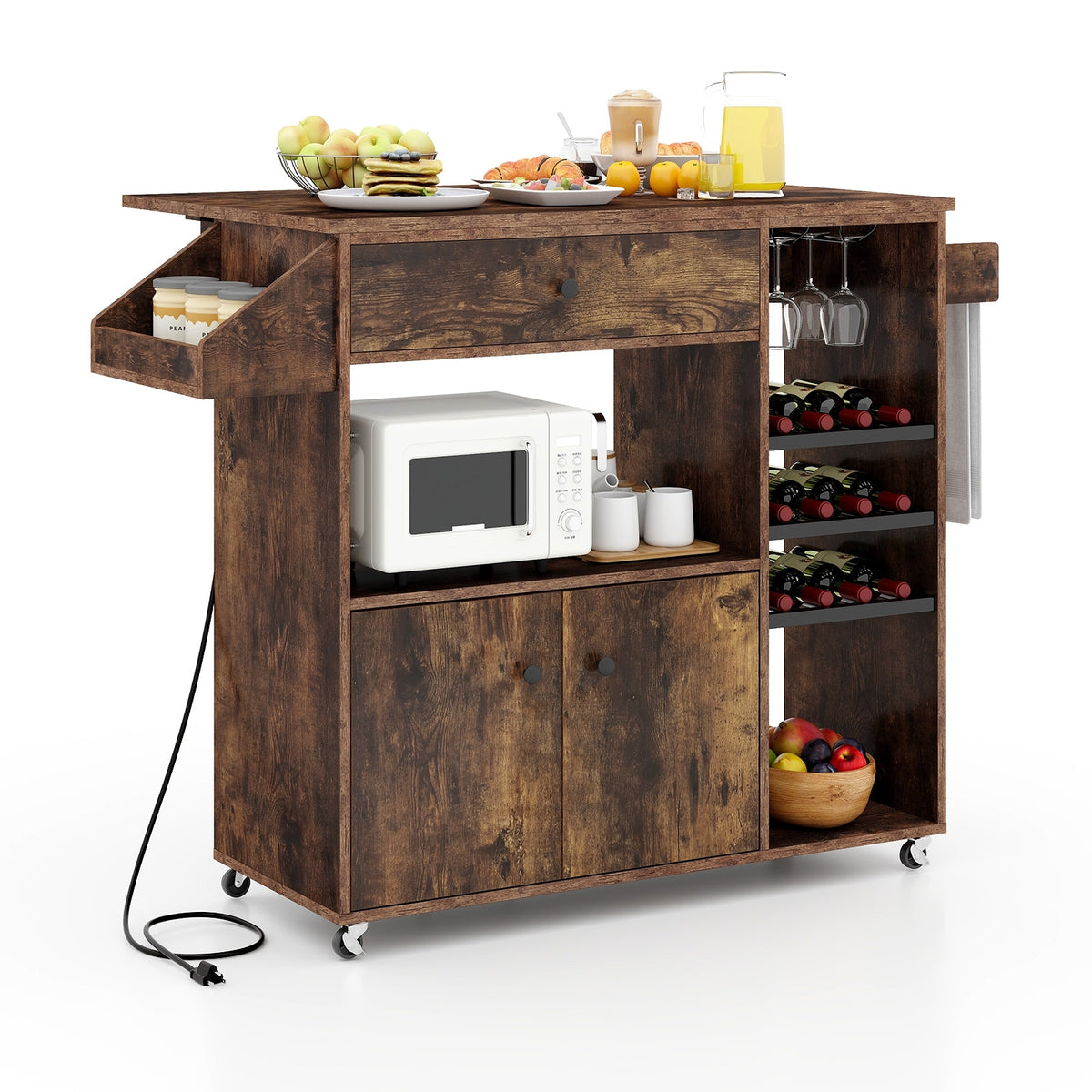 Mobile Kitchen Island Cart With Power Outlet, Adjustable Shelf, Rustic Brown Kitchen Islands & Carts Rustic Brown at Gallery Canada