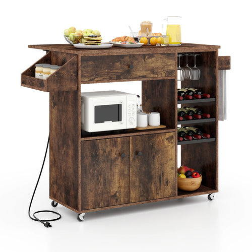 Mobile Kitchen Island Cart With Power Outlet, Adjustable Shelf, Rustic Brown