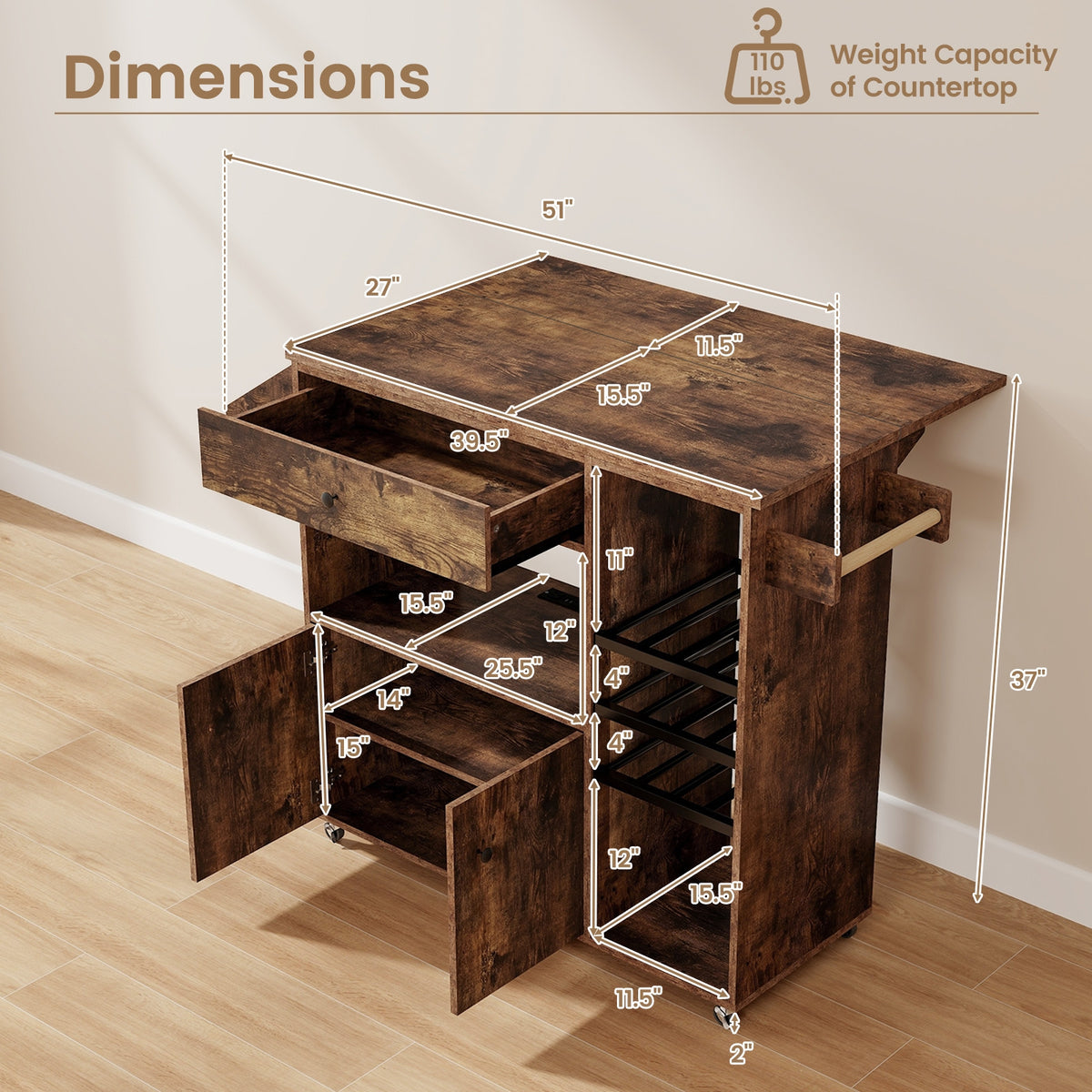 Mobile Kitchen Island Cart With Power Outlet, Adjustable Shelf, Rustic Brown Kitchen Islands & Carts at Gallery Canada