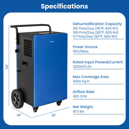 215 Pints 8000 Sq.Ft Commercial Dehumidifier, Blue Dehumidifiers at Gallery Canada