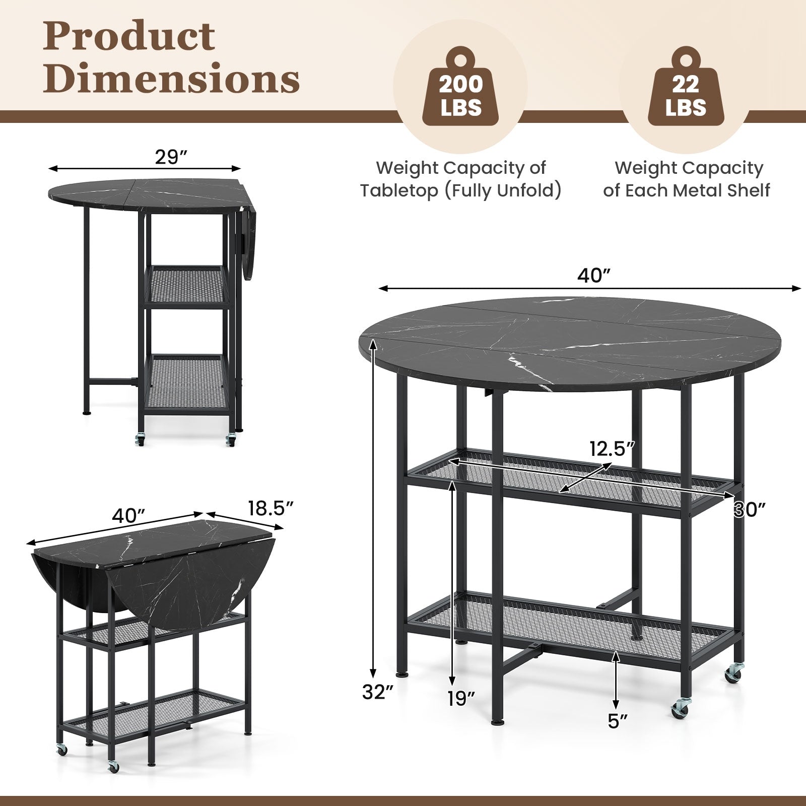 Folding Round Dining Table With Lockable Wheels, Black Dining Tables at Gallery Canada