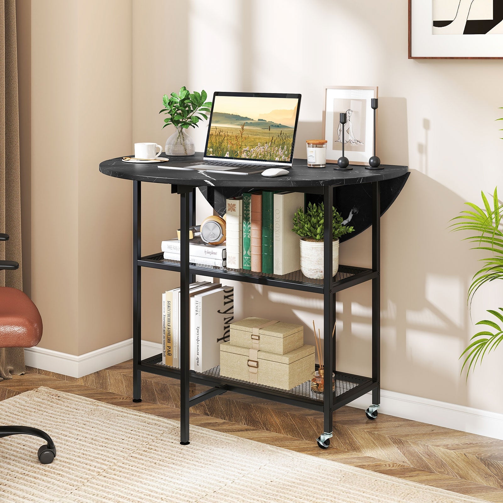 Folding Round Dining Table With Lockable Wheels, Black Dining Tables at Gallery Canada