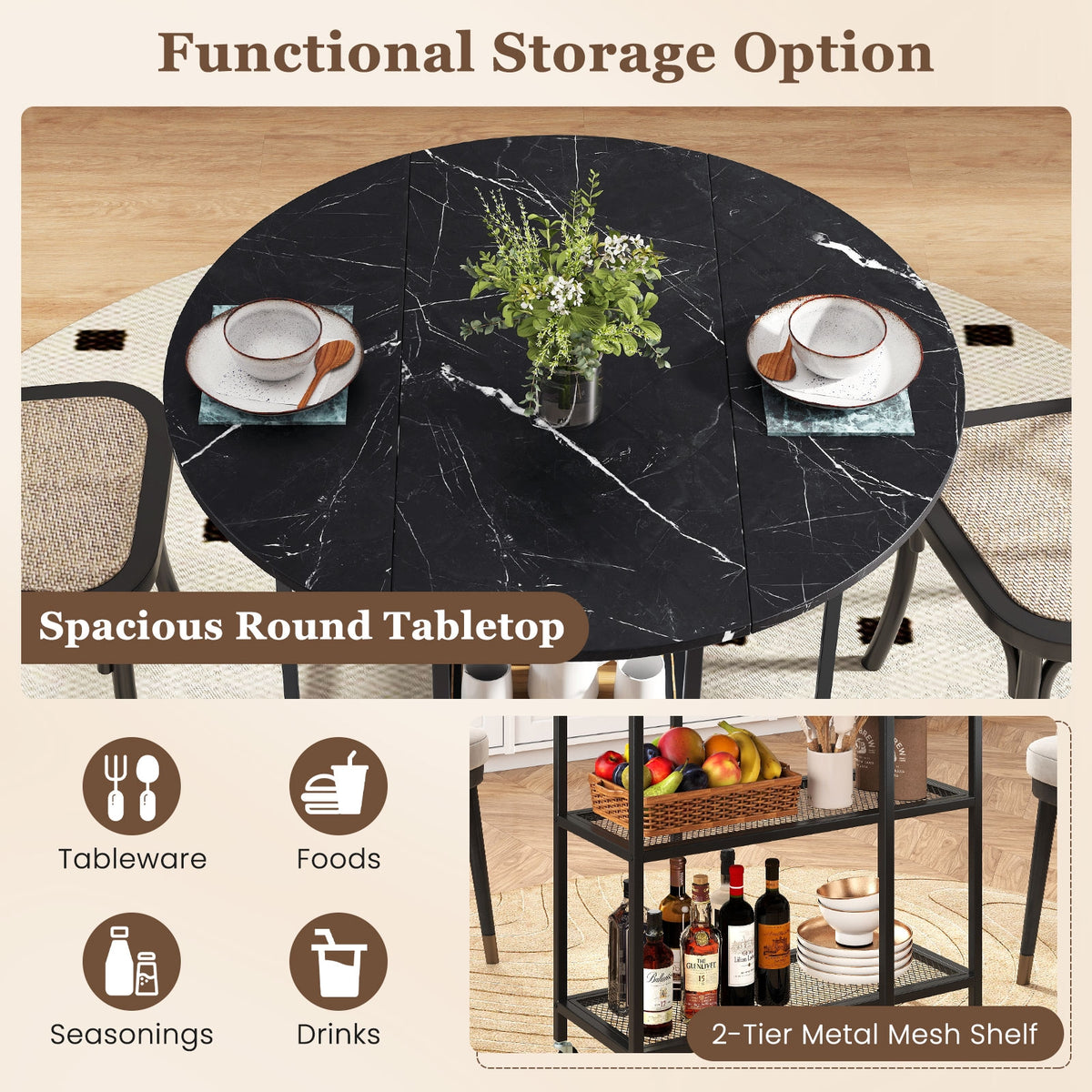 Folding Round Dining Table With Lockable Wheels, Black Dining Tables at Gallery Canada