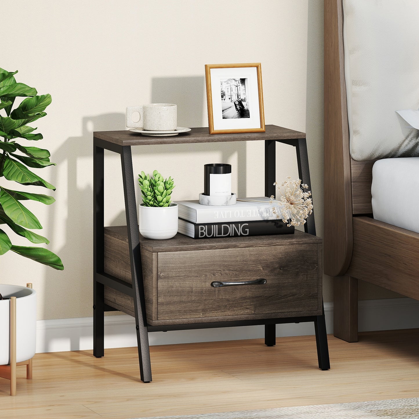 3-Tier Farmhouse Nightstand, Open Shelf, Gray Nightstands at Gallery Canada