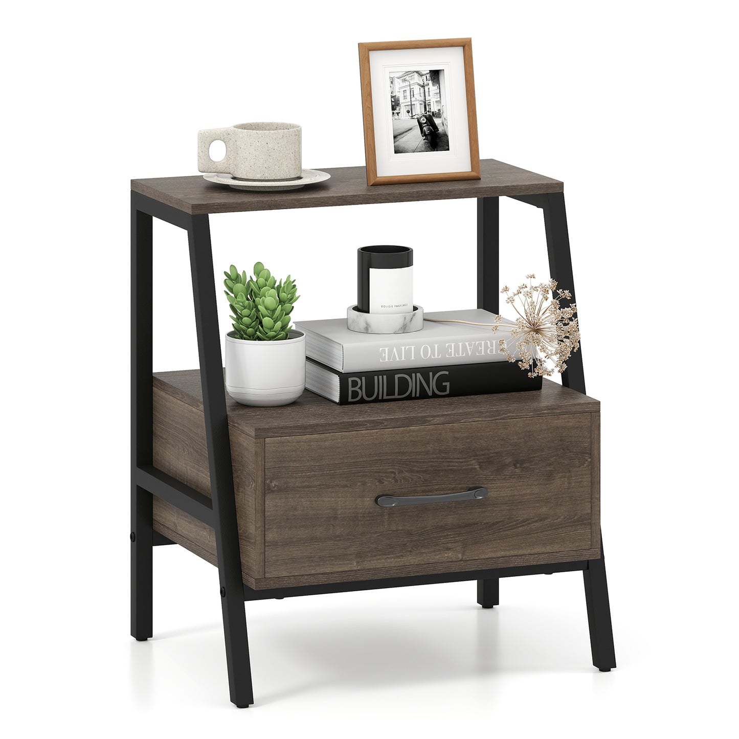 3-Tier Farmhouse Nightstand, Open Shelf, Gray Nightstands at Gallery Canada