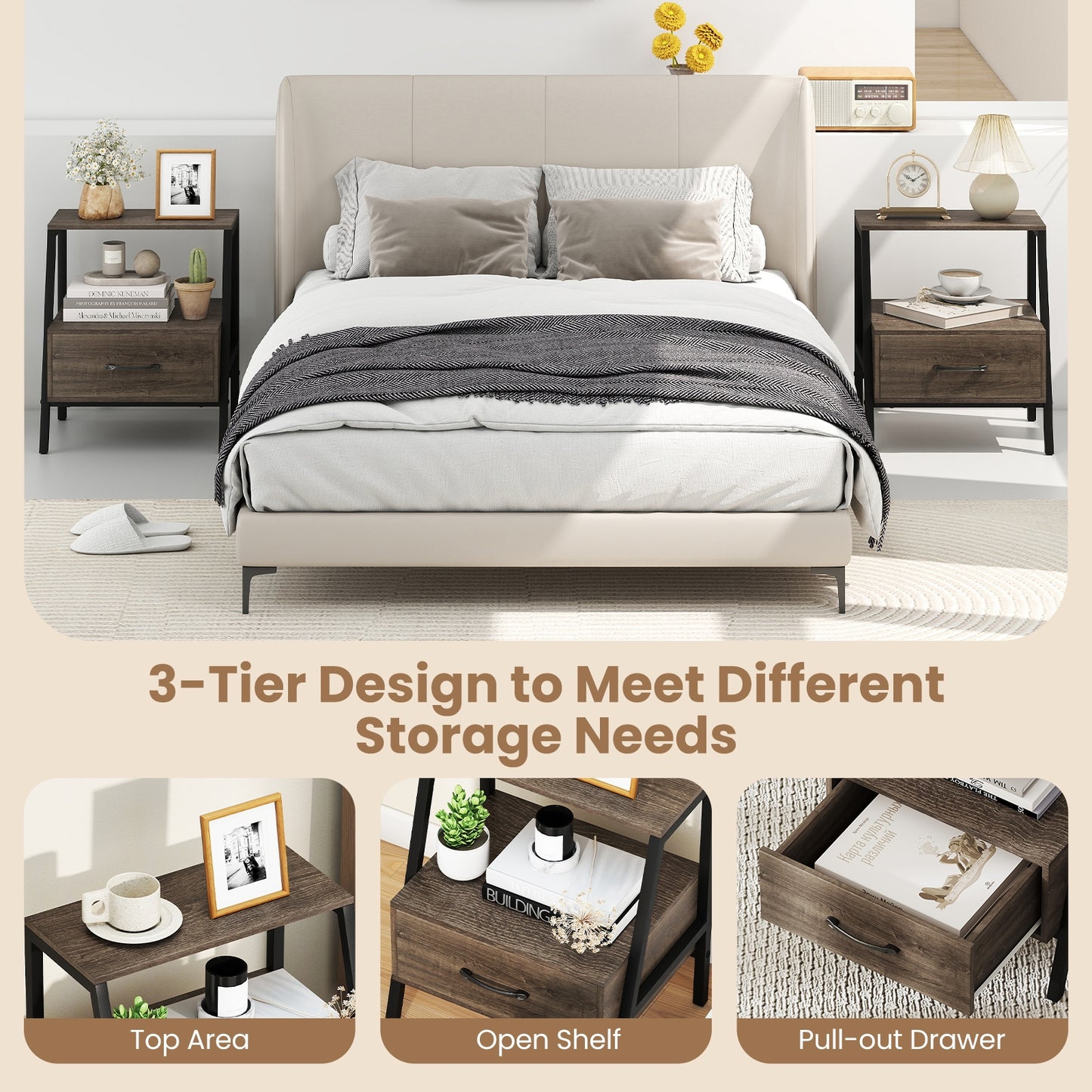3-Tier Farmhouse Nightstand, Open Shelf, Gray Nightstands at Gallery Canada