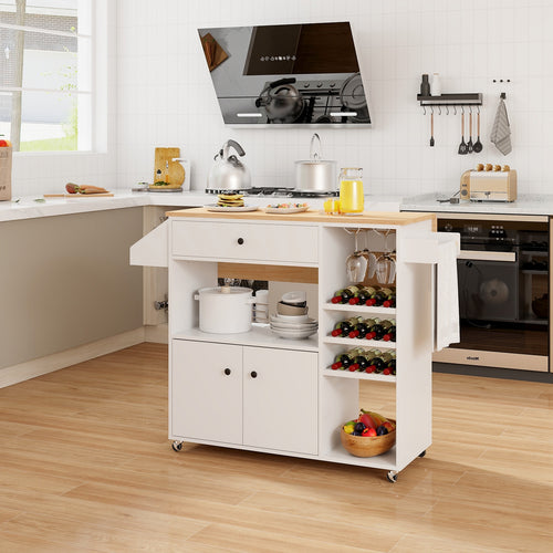 Mobile Kitchen Island Cart With Power Outlet, Adjustable Shelf, White