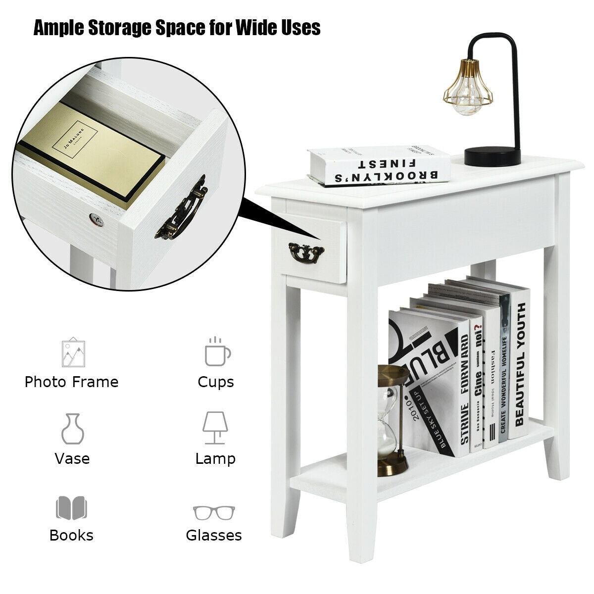 2 Tier Sofa Side End Table With Drawer, Open Shelf, White End & Side Tables at Gallery Canada