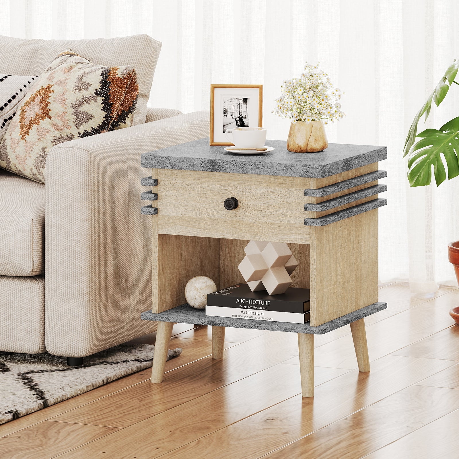 3-Tier Bedside Table, Antique Grey Faux Marble Top, Grey Nightstands at Gallery Canada