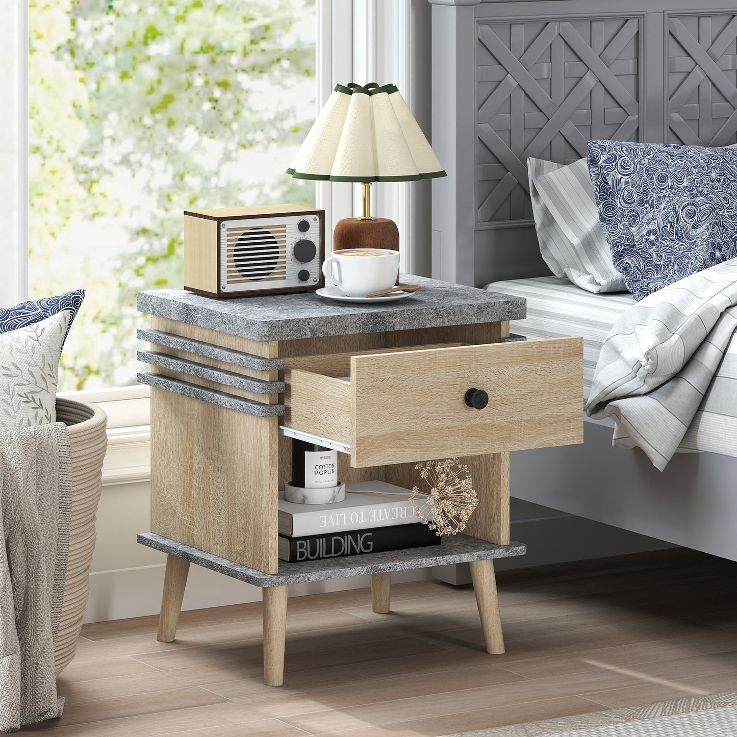3-Tier Bedside Table, Antique Grey Faux Marble Top, Grey Nightstands at Gallery Canada